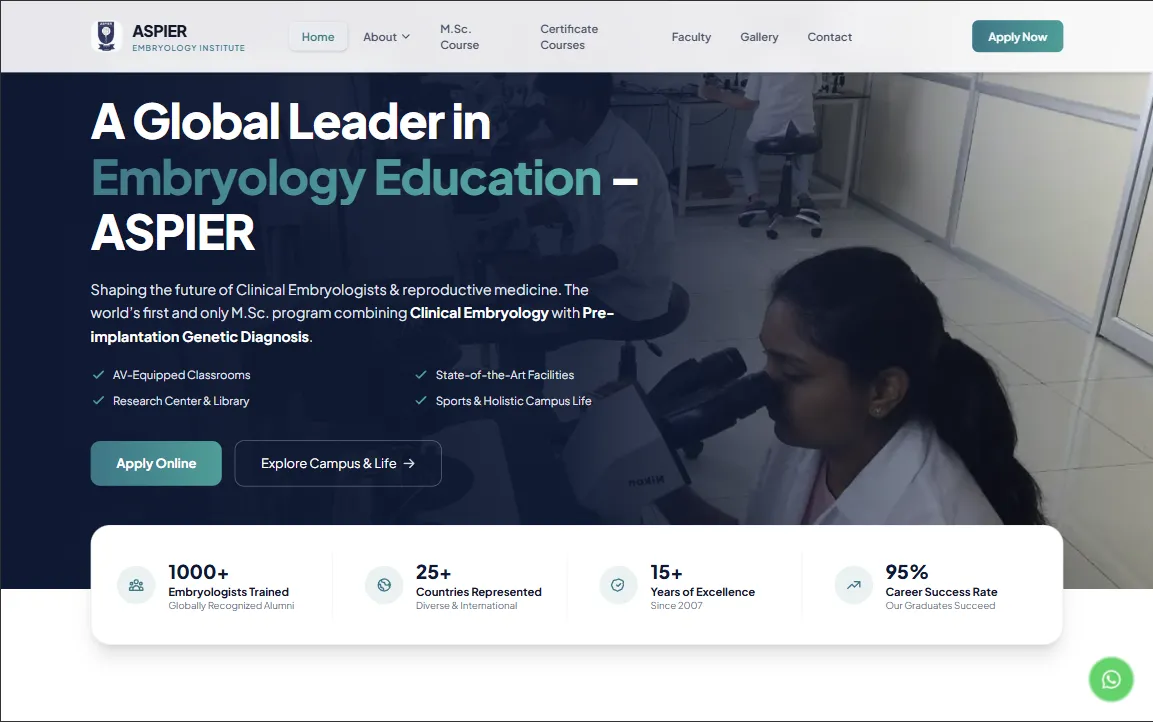 ASPIER embryology education website showing its course introduction and laboratory image