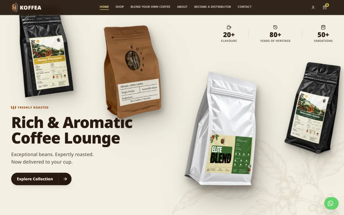 Koffea storefront with coffee products and its Rich & Aromatic Coffee Lounge introduction