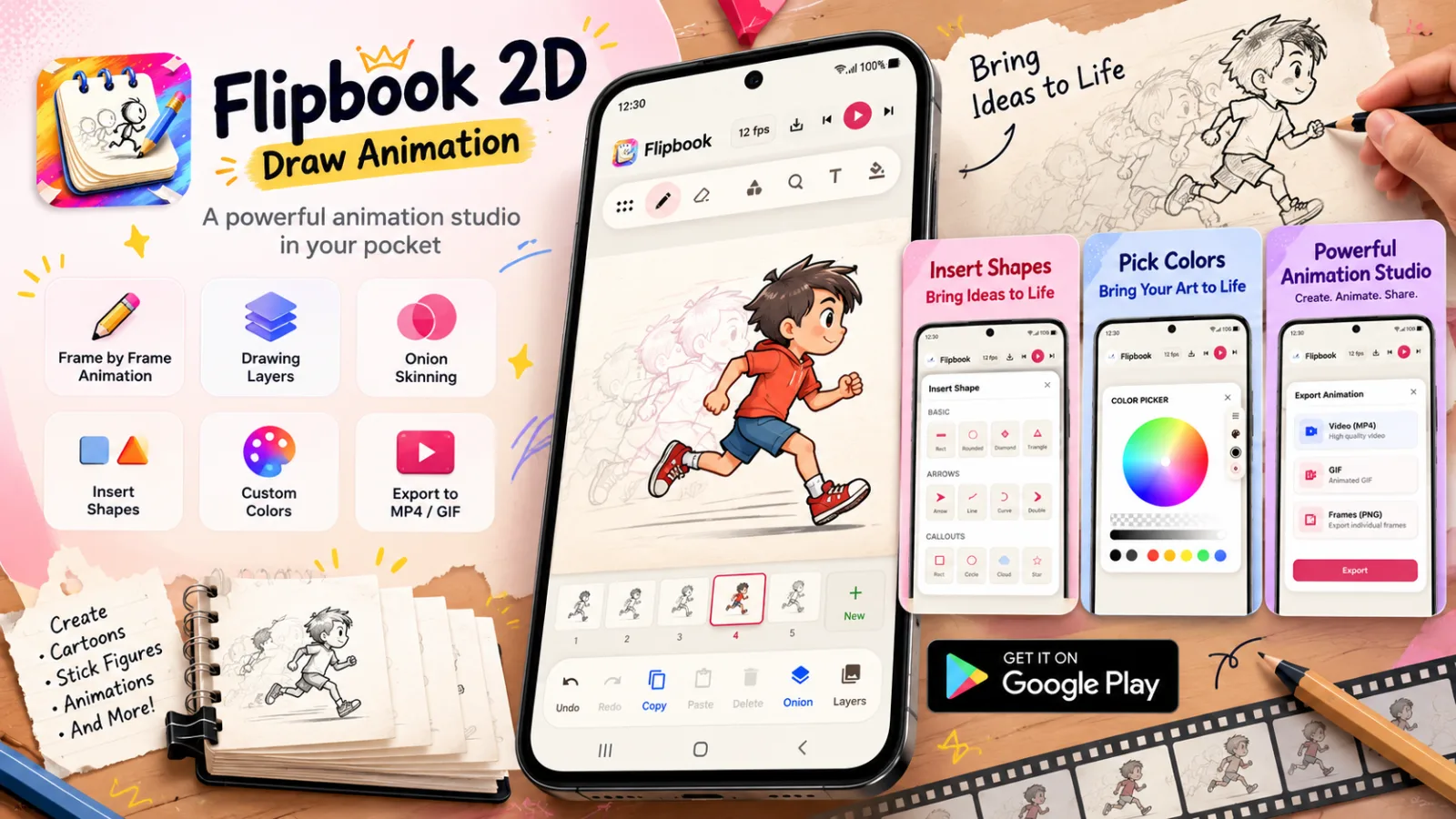 Flipbook 2D Android app for creating hand-drawn animations and cartoons frame by frame.