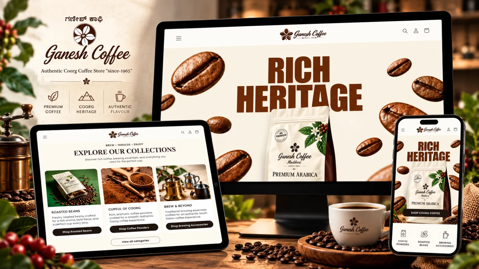 Ganesh Coffee Shopify e-commerce website concept featuring premium Coorg coffee branding and online shopping.